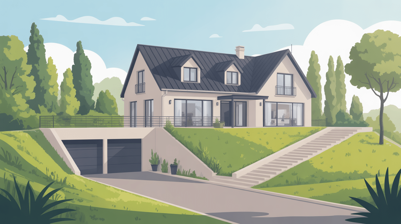 Maison avec garage en sous sol sur terrain en pente avec rampe