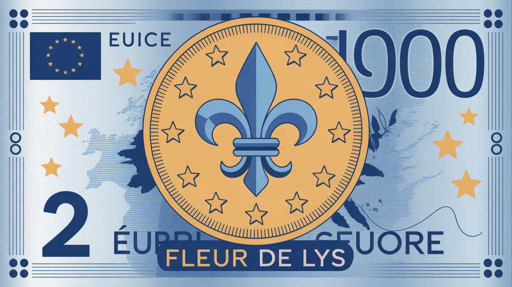 Illustration centrale pièce 2 euros fleur de lys avec éléments Europe