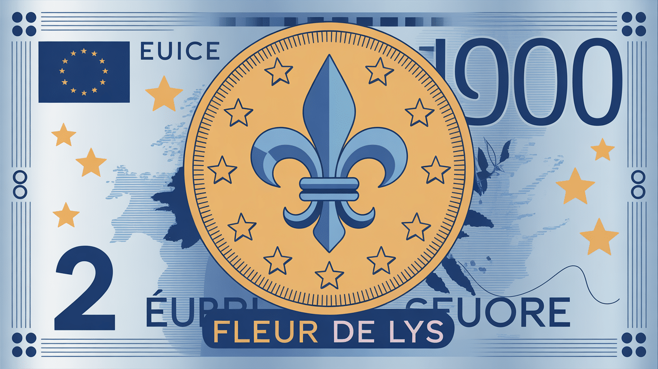 Illustration centrale pièce 2 euros fleur de lys avec éléments Europe