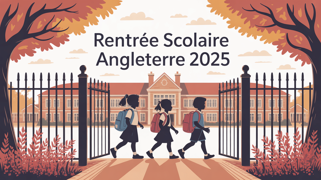 illustration rentrée scolaire angleterre 2024 enfants devant école anglaise