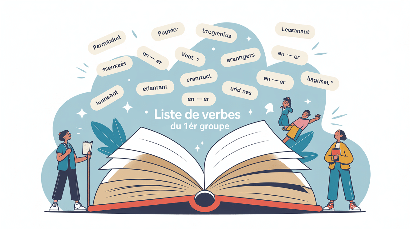 Illustration liste verbe 1er groupe livre ouvert apprentissage