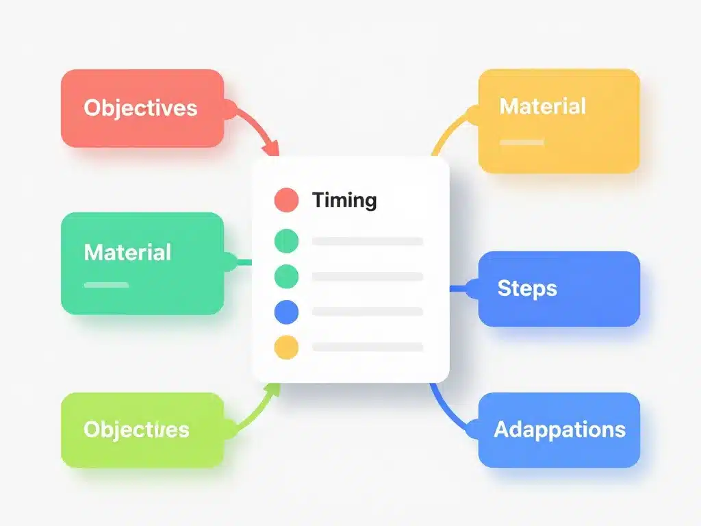 structure fiche d'activité avec objectifs, matériel, étapes