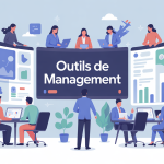 Illustration outils de management, équipe en collaboration numérique