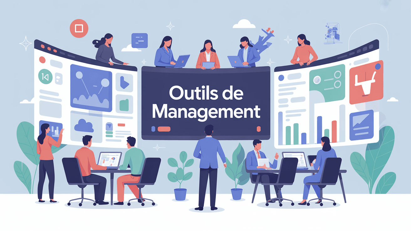 Illustration outils de management, équipe en collaboration numérique