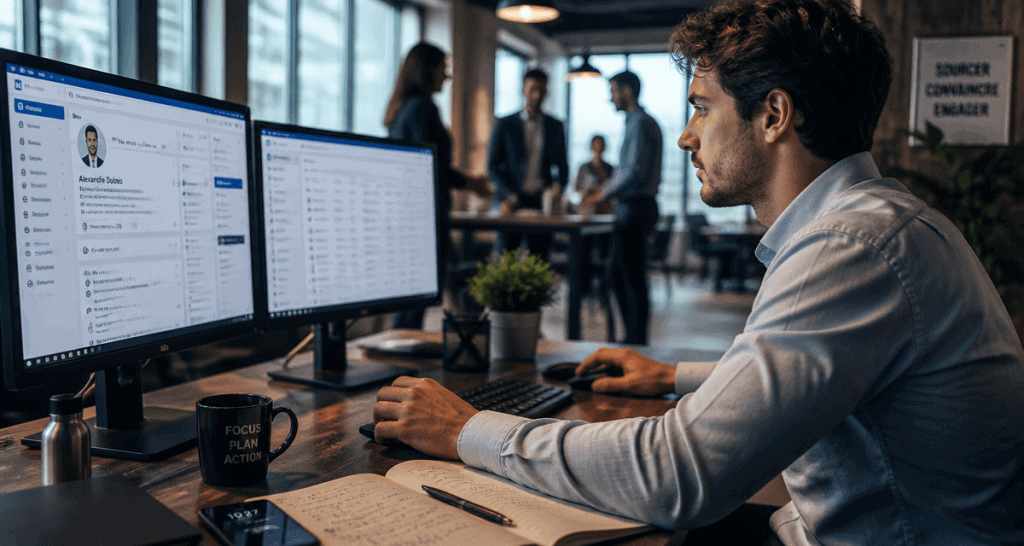 business development rep concentré devant écrans