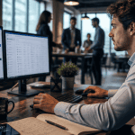 business development rep concentré devant écrans