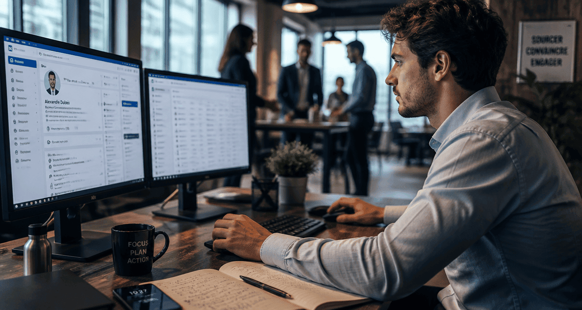 business development rep concentré devant écrans