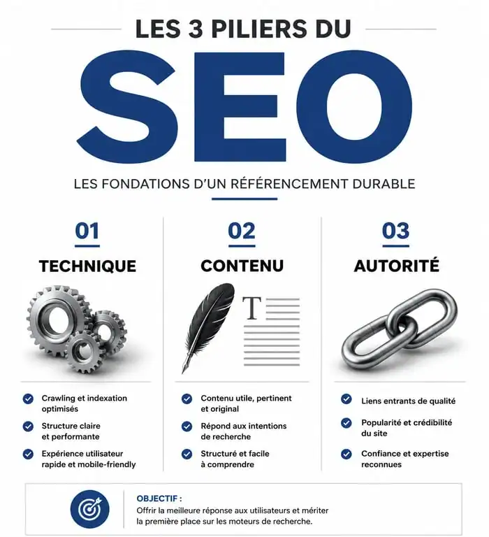 Infographie des trois piliers du SEO : technique, contenu et autorité pour un guide SEO