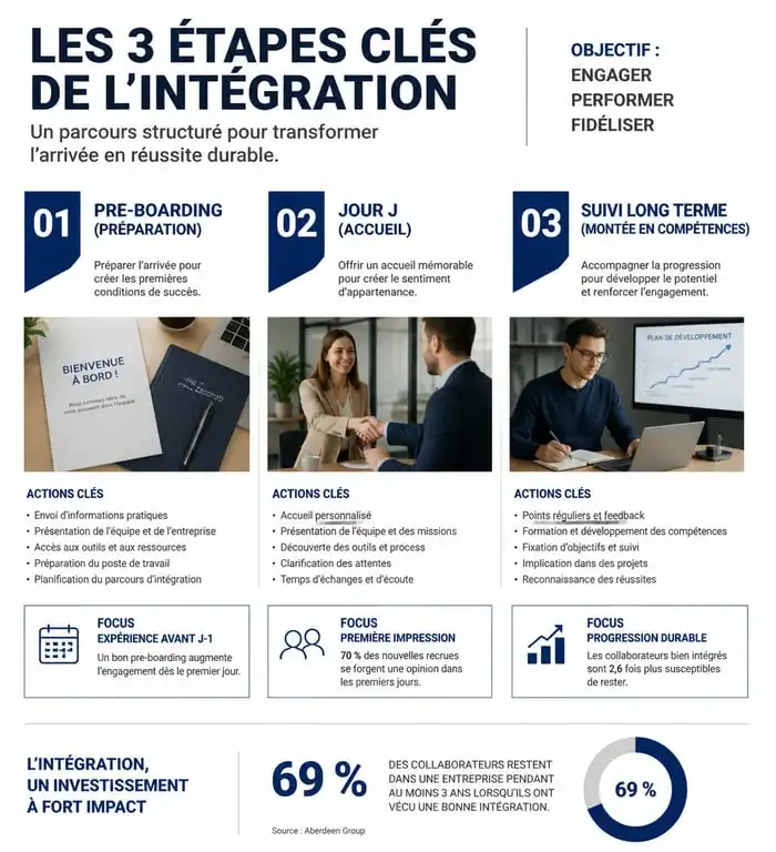 Infographie des étapes clés pour réussir l'intégration entreprise et l'onboarding des nouveaux collaborateurs