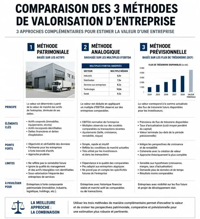 Infographie comparative des trois méthodes de calcul de la valeur d'entreprise : patrimoniale, analogique et DCF.