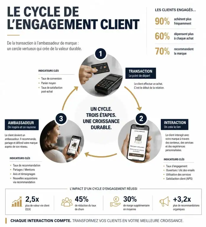 Infographie du cycle de l'engagement client et ses leviers stratégiques