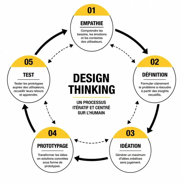 Infographie du processus design thinking en 5 étapes itératives