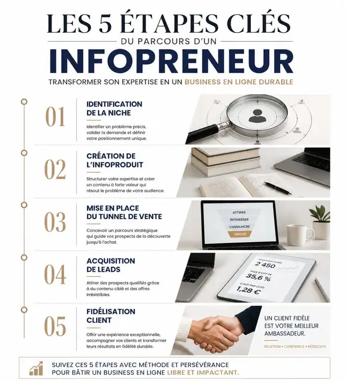 Infographie des étapes clés pour devenir infopreneur et lancer son business digital