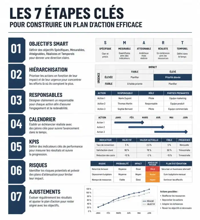 Infographie des 7 étapes pour créer un plan d'action efficace et structuré