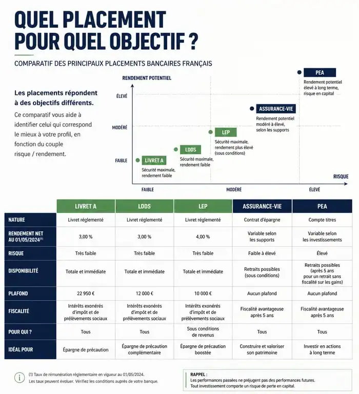 Infographie comparative des placements bancaires : Livret A, LDDS, LEP, Assurance-vie et PEA pour choisir la meilleure banque pour placer son argent