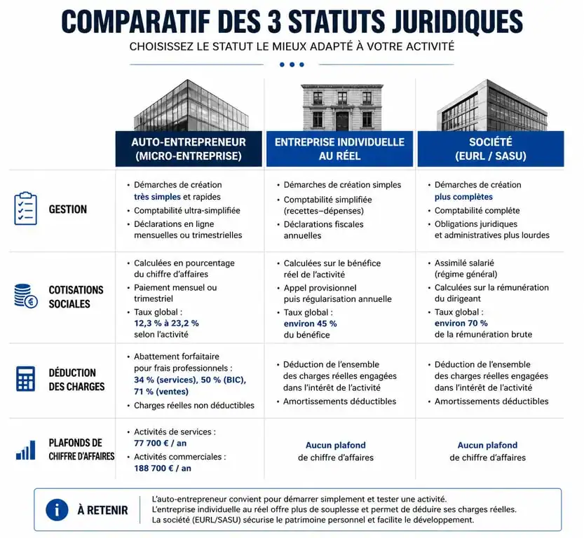 Tableau comparatif des statuts de travailleur indépendant : auto-entrepreneur, entreprise individuelle et société