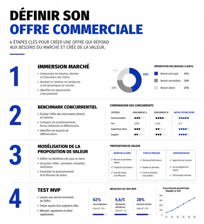Infographie des étapes pour définir son offre commerciale : immersion, benchmark, modélisation et test MVP.