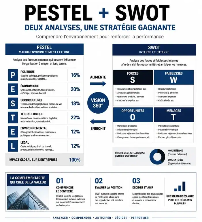 Infographie comparative PESTEL vs SWOT pour la stratégie d'entreprise