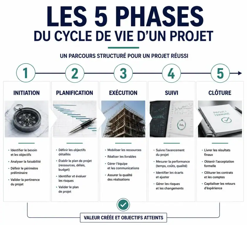 Schéma du cycle de vie d'un projet : initiation, planification, exécution, suivi et clôture
