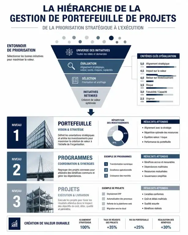 Schéma de la gestion de portefeuille de projets montrant l'alignement stratégique et la hiérarchie entre portefeuille, programmes et projets.