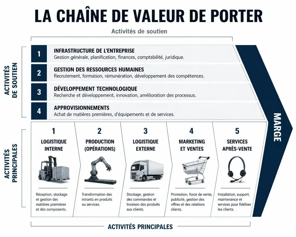 Schéma de la chaîne de valeur de Porter illustrant les activités principales et de soutien pour l'analyse stratégique.