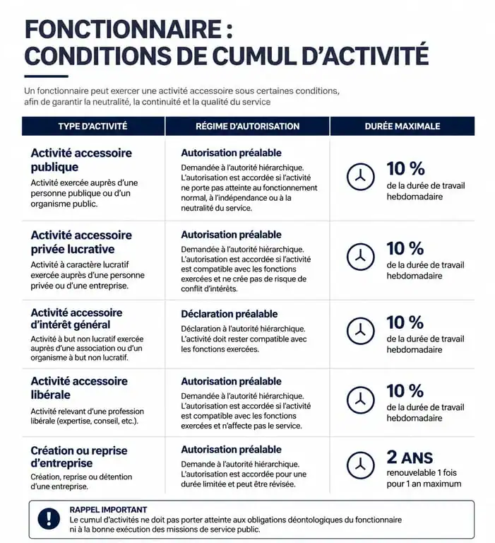 Tableau récapitulatif des conditions de cumul fonctionnaire et auto-entrepreneur