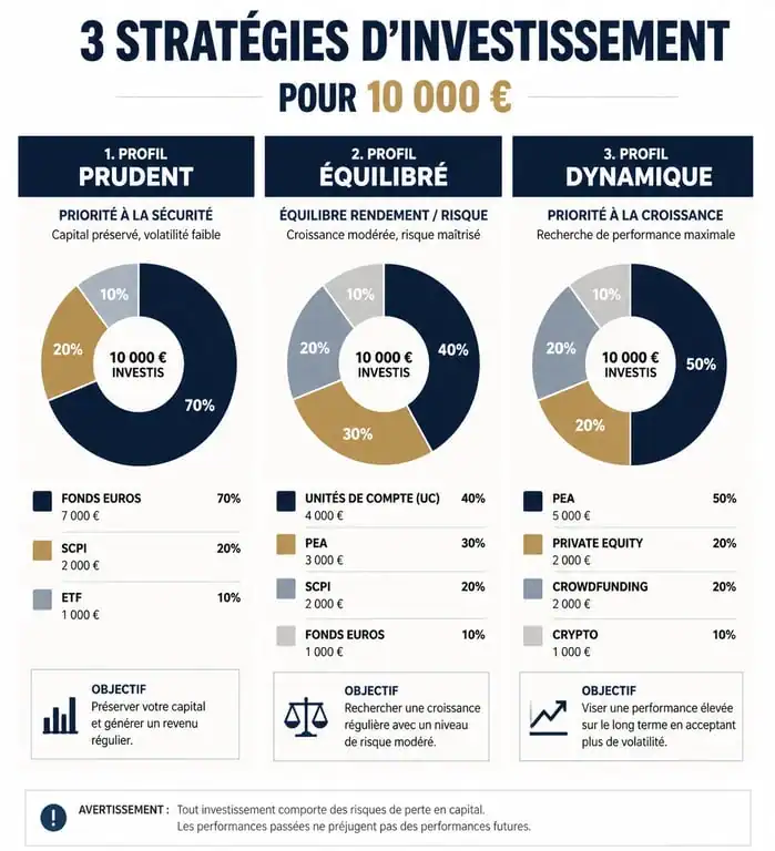 Infographie des stratégies d'investissement pour 10 000 euros : profils prudent, équilibré et dynamique.