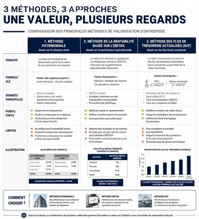Infographie des méthodes de valorisation pour vendre son entreprise : patrimoniale, rentabilité et DCF