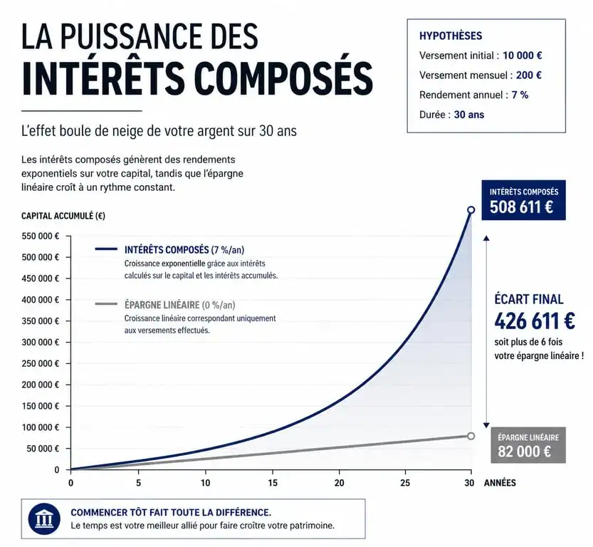 Graphique illustrant la croissance exponentielle du capital grâce aux intérêts composés pour une simulation d'épargne