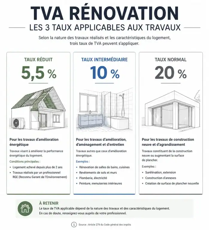 Tableau récapitulatif des taux de TVA pour les travaux maison et impôts