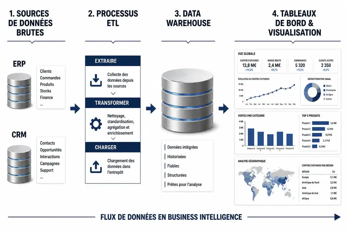 Schéma du processus de Business Intelligence : de la collecte des données à la visualisation décisionnelle