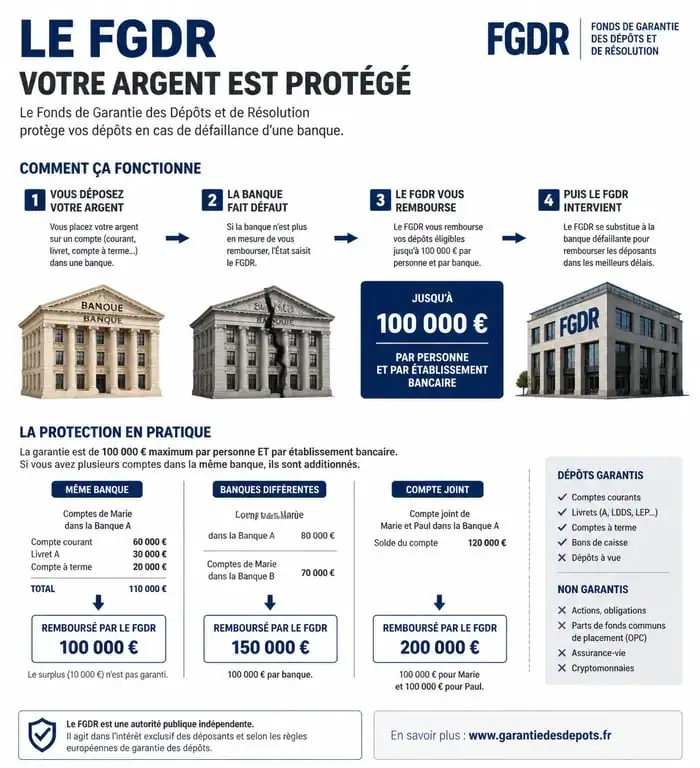 Infographie explicative sur la protection des dépôts bancaires par le FGDR en 2025