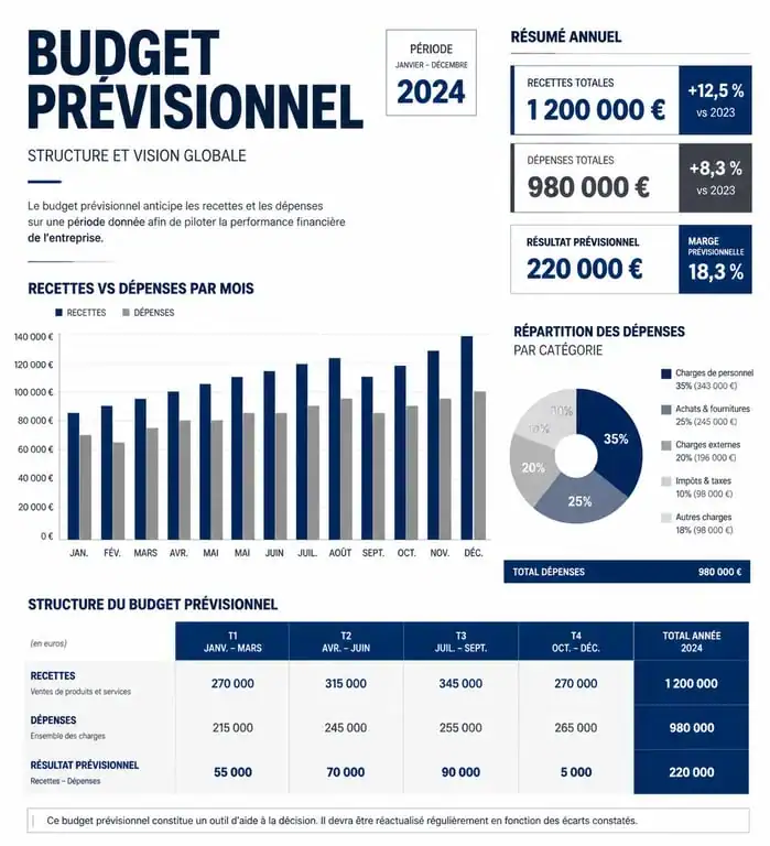 Exemple de structure d'un budget prévisionnel avec visualisation des recettes et dépenses