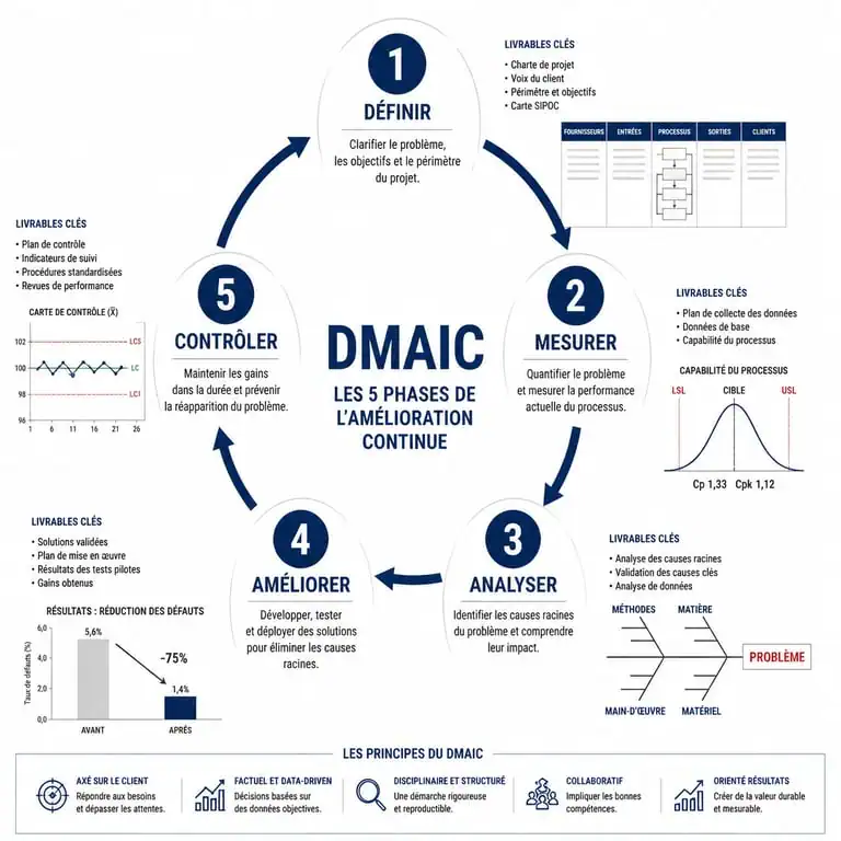 Infographie des 5 phases de la méthodologie DMAIC pour l'amélioration continue