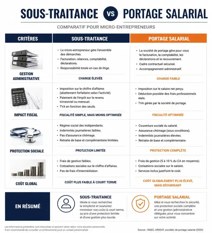 Infographie comparative entre la sous-traitance en auto-entreprise et le portage salarial pour les indépendants