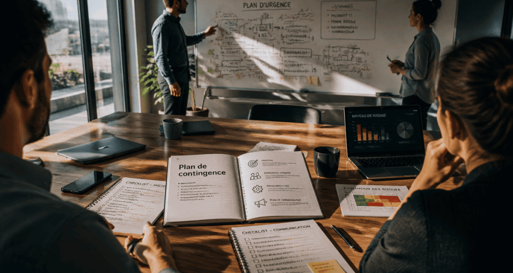 Plans de contingence sur table de réunion