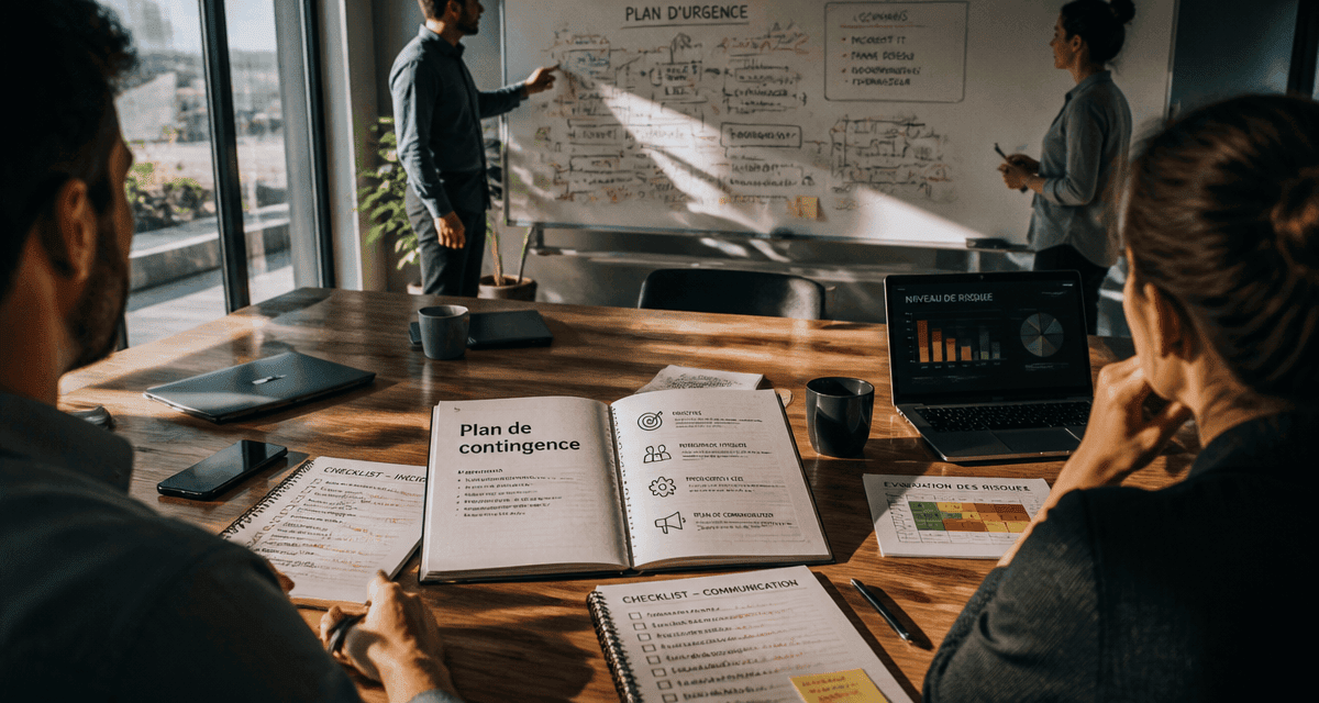 Plans de contingence sur table de réunion