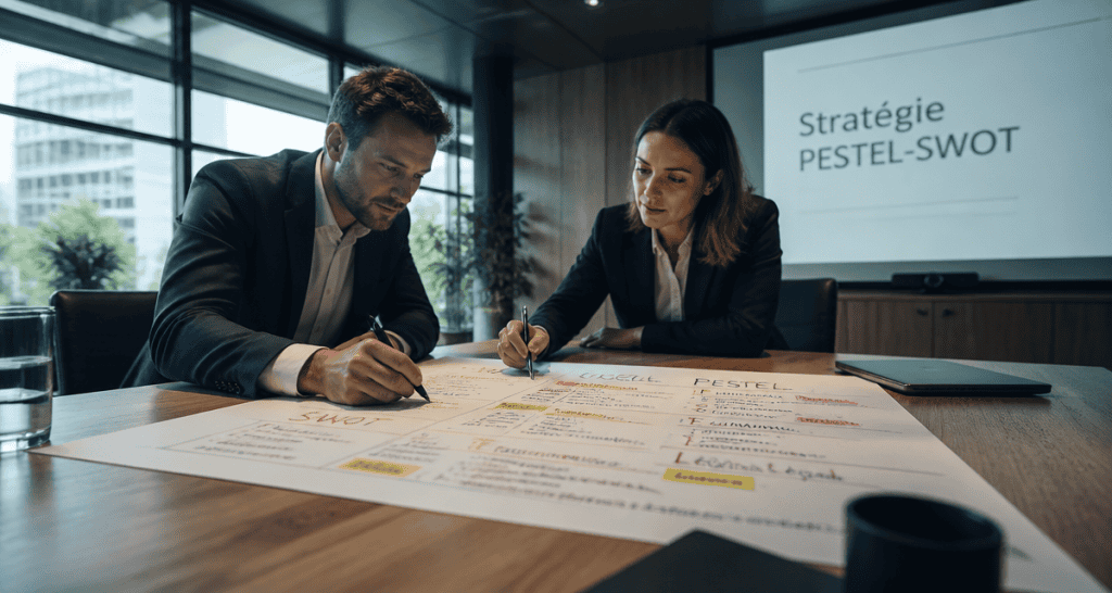 Managers analysant pestel swot en réunion