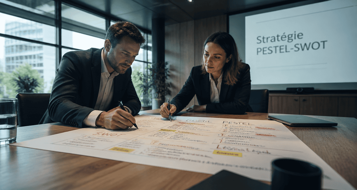 Managers analysant pestel swot en réunion