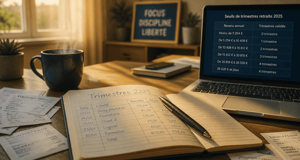 validation trimestre retraite auto entrepreneur 2025 carnet et ordinateur