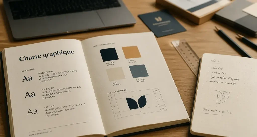 Charte graphique exemple : brand book ouvert et identité visuelle