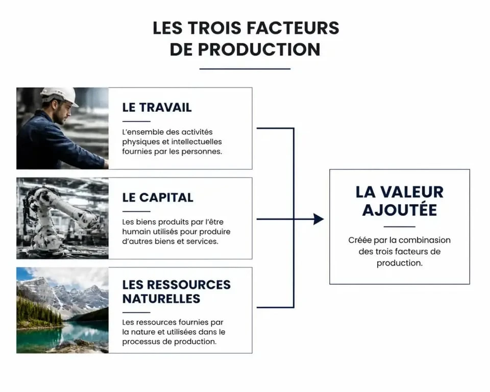 Schéma des facteurs de production : travail, capital et ressources naturelles