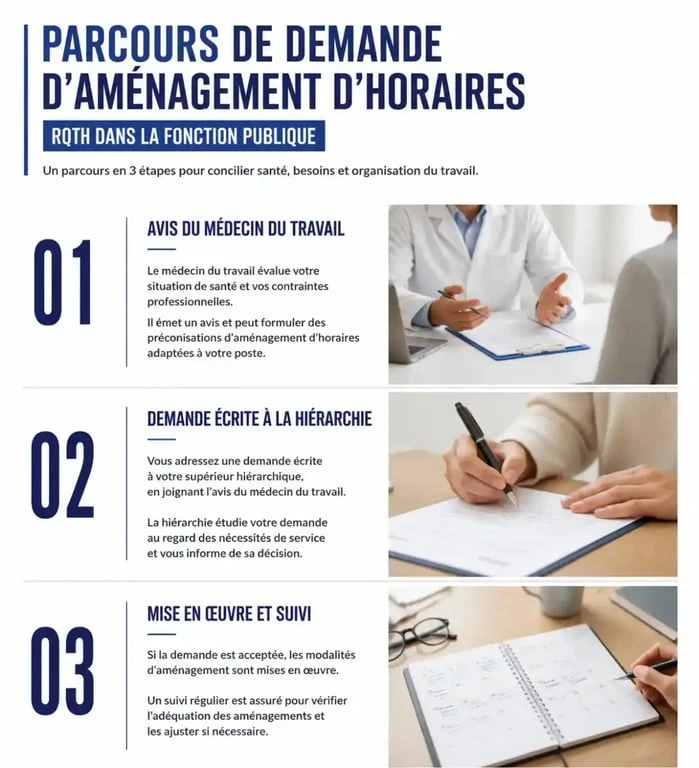Schéma des étapes pour obtenir un aménagement d'horaires avec la RQTH dans la fonction publique