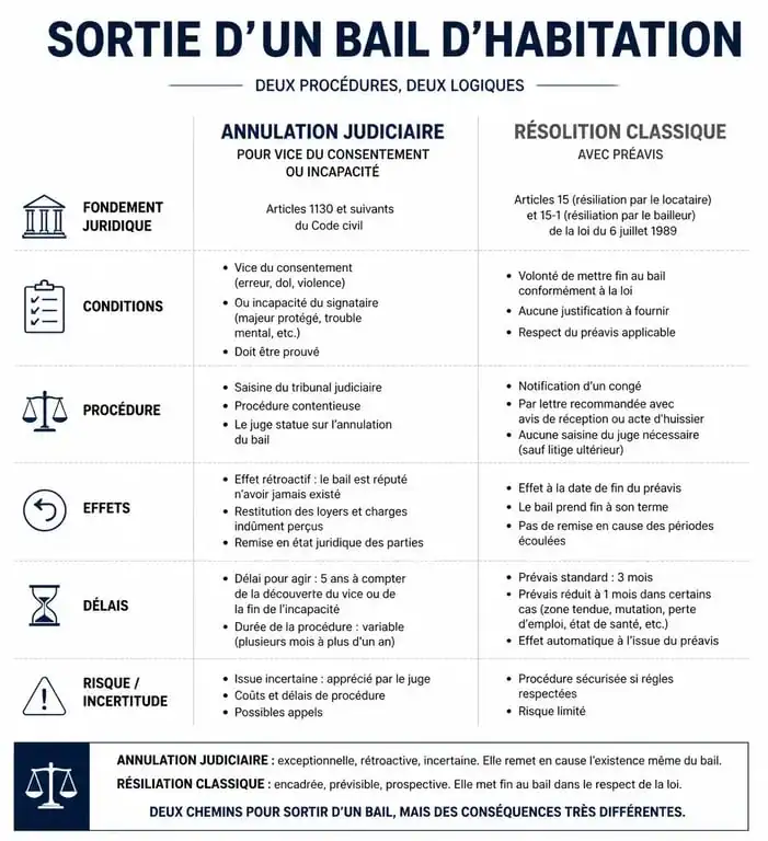 Infographie comparative : Annulation judiciaire vs Résiliation classique d'un bail d'habitation