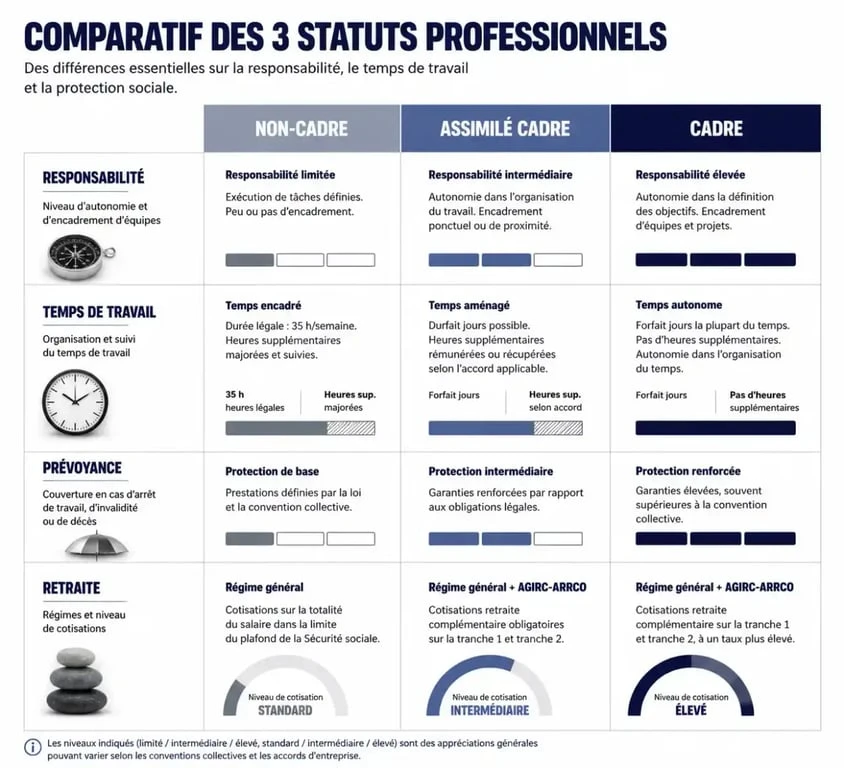 Tableau comparatif des statuts professionnels : Non-cadre, Assimilé cadre et Cadre