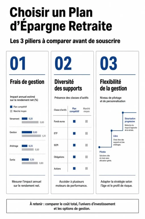 Infographie des critères de choix pour un classement PER performant : frais, supports et gestion