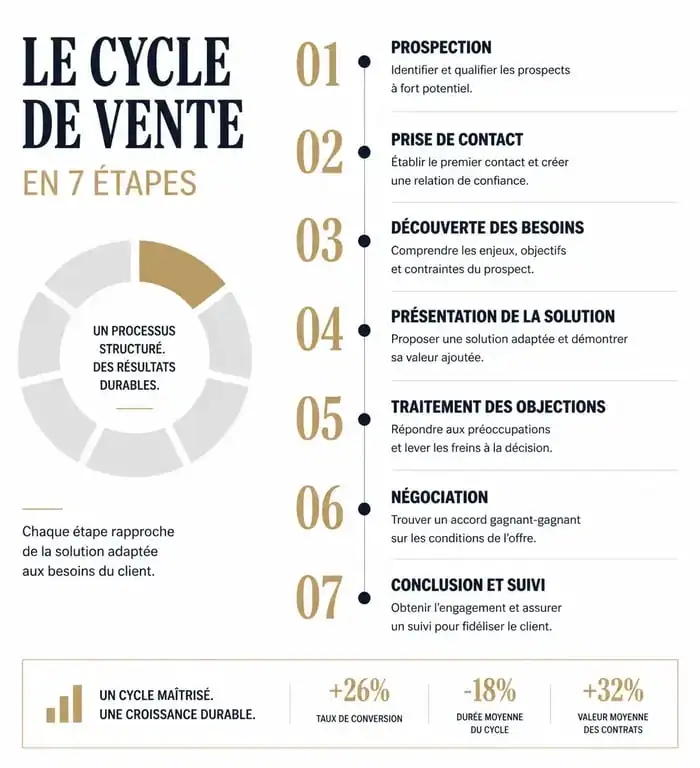 Schéma illustrant les 7 étapes de la vente pour une stratégie commerciale efficace