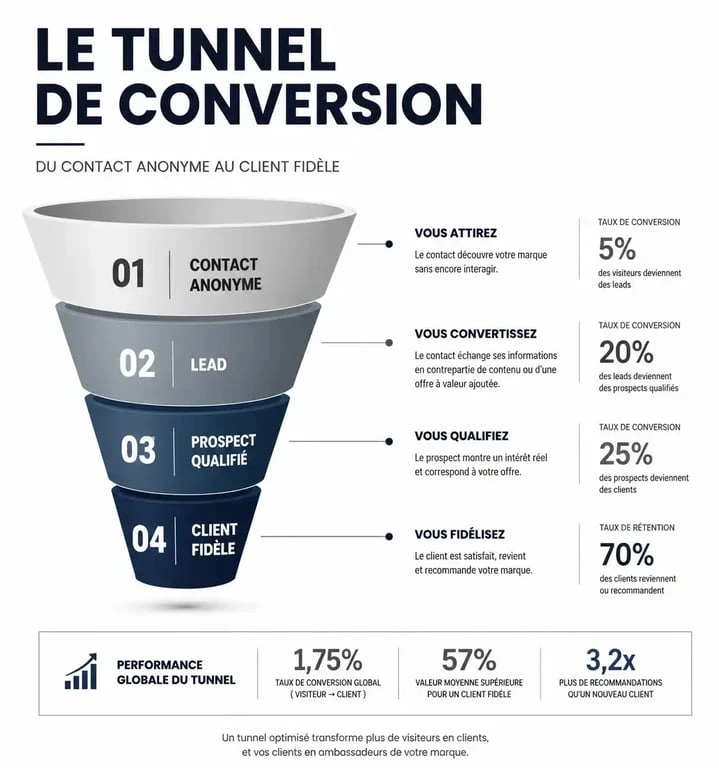 Schéma du cycle de vie du prospect : du lead au client, illustrant le processus de qualification commerciale.