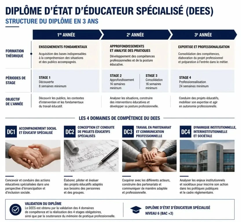 Schéma de la formation DEES éducateur spécialisé avec les quatre domaines de compétences et les stages