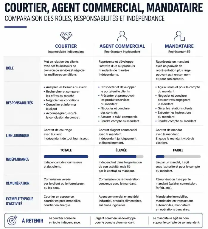Infographie comparative : différences entre courtier, agent commercial et mandataire pour comprendre le courtage